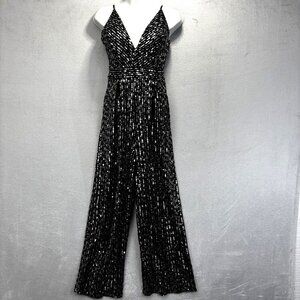 Emerald Sundae Silver Sequin Velvet Wide Leg Jumpsuit Womens XS Black Party